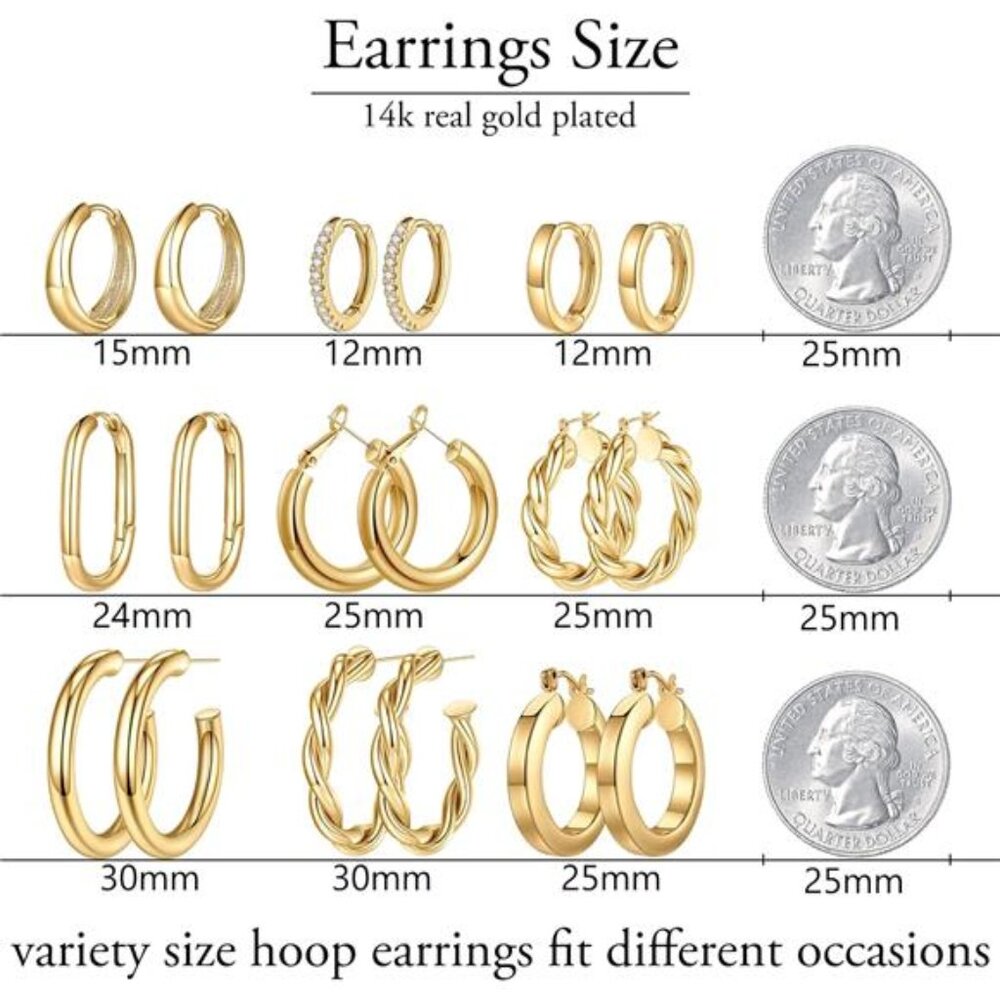 9 Pairs Gold Hoop Earrings for Women, 14K Real Gold Plated Chunky Hoop Trendy - Picture 5 of 7